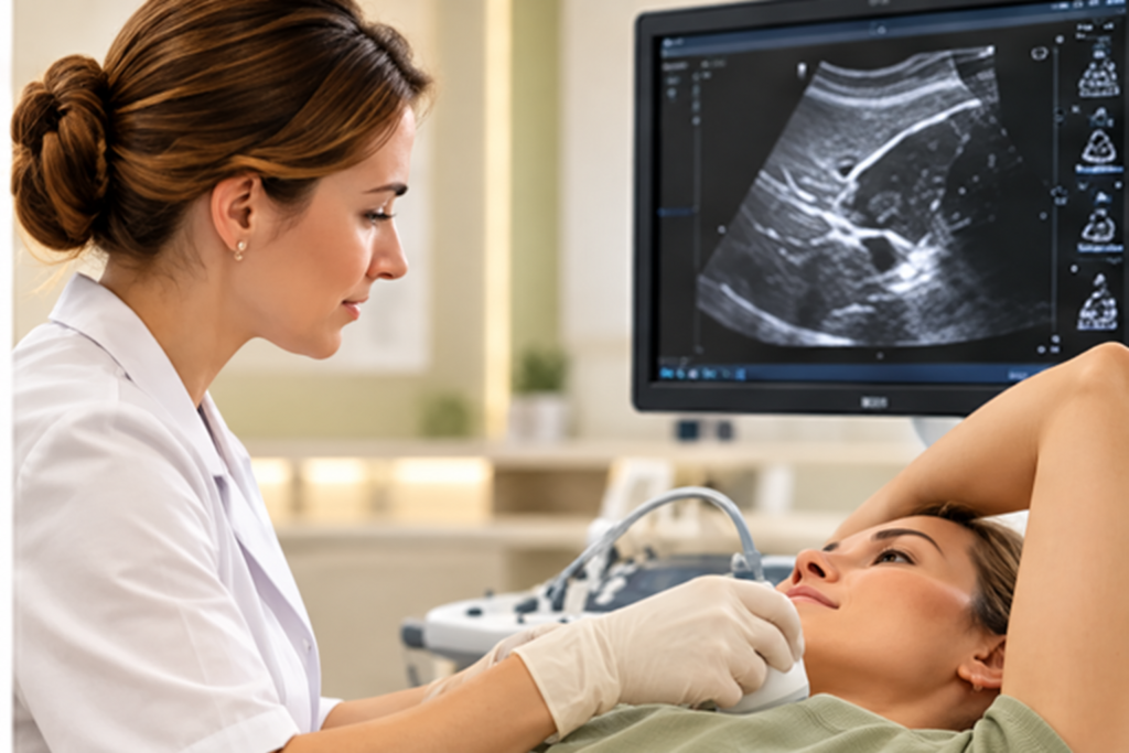 Врач проводит УЗИ молочных желёз пациентке в Grand Medical