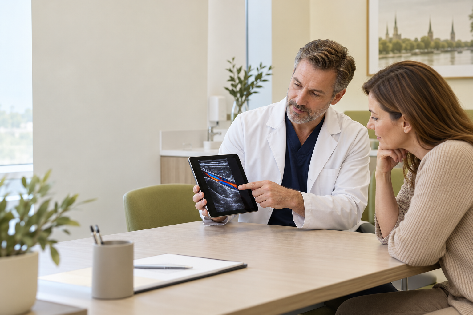A doctor explaining check-up results and the follow-up plan to a patient
