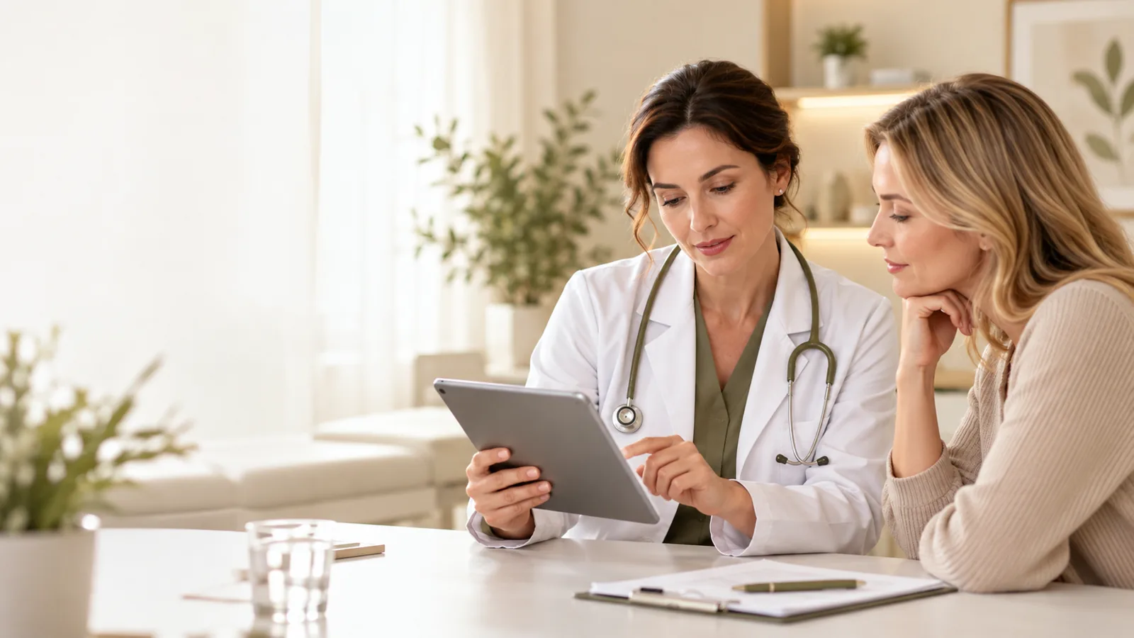 Ārsts apspriež ar pacienti visaptverošās veselības pārbaudes (Check-up) plānu