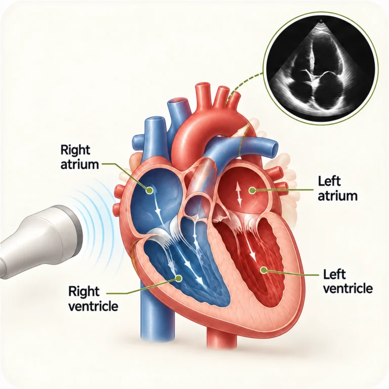 Diagram of the heart chambers with an echo image: right and left atria, right and left ventricles