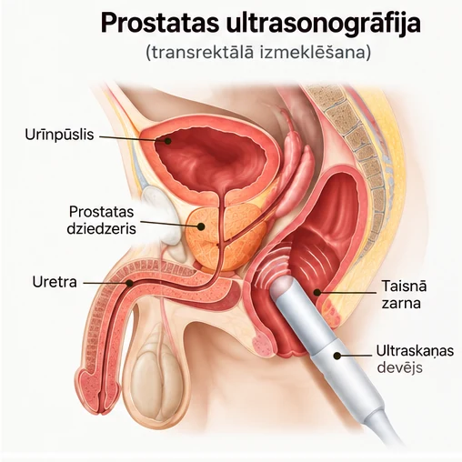 Prostatas TRUS shēma: devējs taisnajā zarnā blakus prostatai